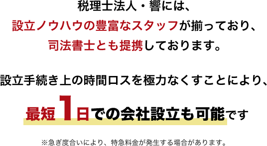 税理士法人・響には、設立ノウハウの豊富なスタッフが揃っており、司法書士とも提携しております。設立手続き上の時間ロスを極力なくすことにより、最短1日での会社設立も可能です！　※急ぎ度合いにより、特急料金が発生する場合があります。