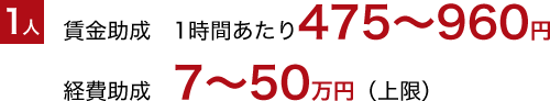 1人 賃金助成　1時間あたり475〜960円 経費助成　7〜50万円（上限）