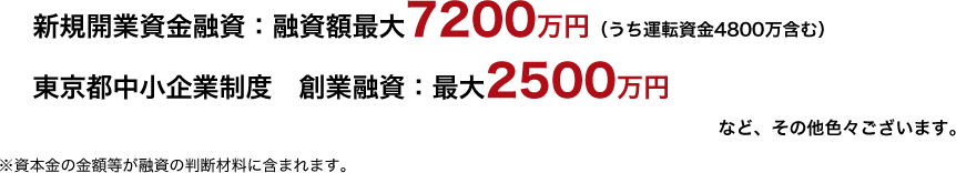 新規開業資金融資：融資額最大7200万円（うち運転資金4800万含む） 東京都中小企業制度　創業融資：最大2500万円 など、その他色々ございます。 ※資本金の金額等が融資の判断材料に含まれます。